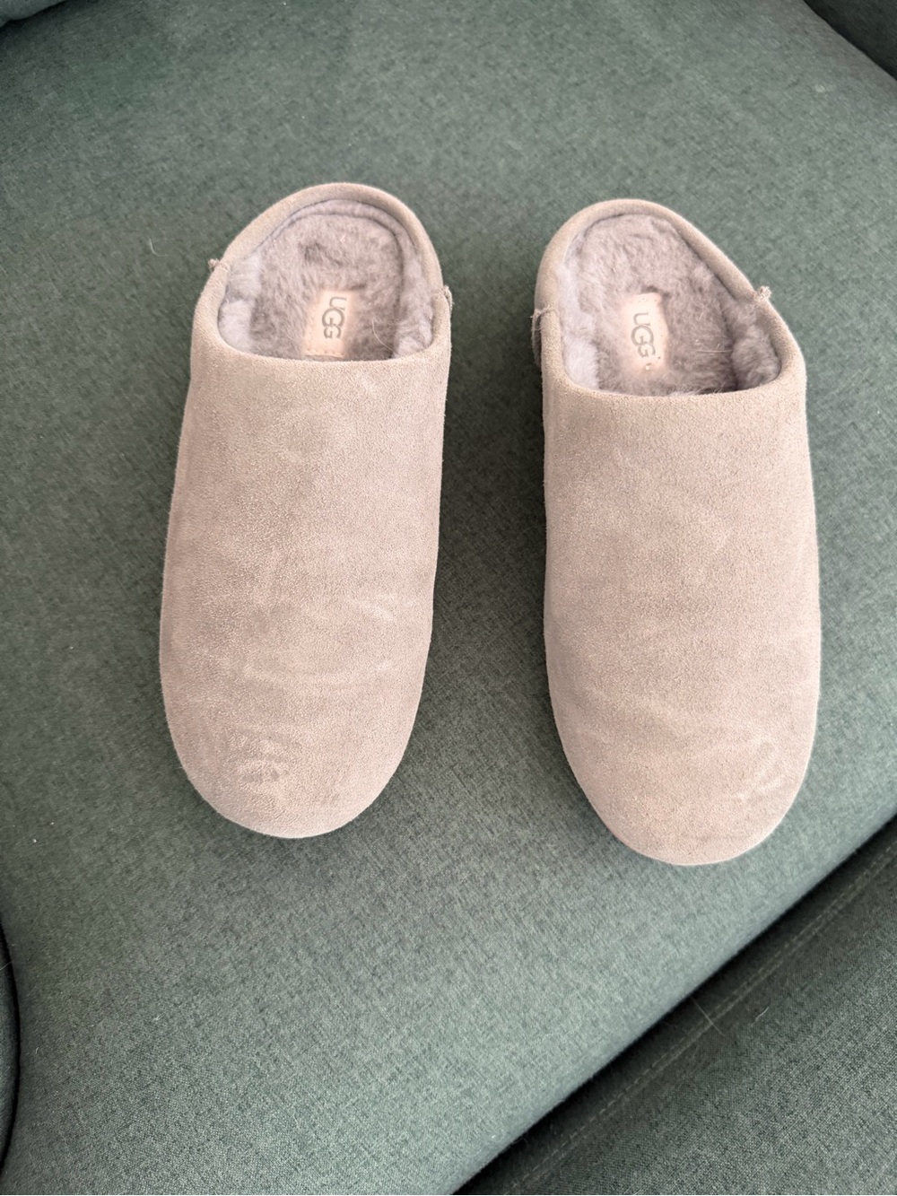 UGG Women’s Light Gray Suede Shearling Slip-On Clogs